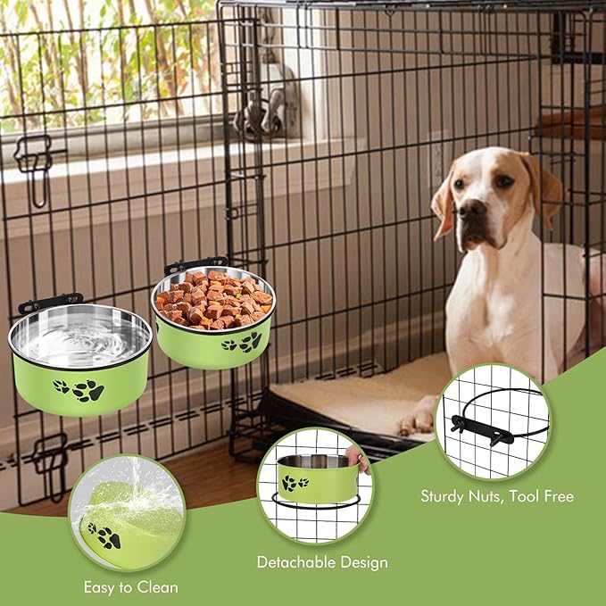 Dog Crate Water Bowl, ShineMe 54oz & 34oz Stainless Steel No Spill Crate Food and Water Bowl, Kennel Bowls Mountable for Medium and Large Dogs, Cats and Pets, Set of 2, Green (7.1x2.9” & 6.2x2.6”)
