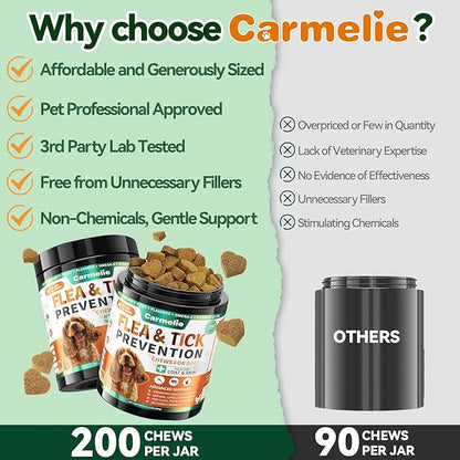 Carmelie Flea and Tick Prevention for Dogs - 200 Chews Natural Dog Flea and Tick Support, Oral Flea Supplement for All Dogs, Supports Healthy Skin & Coat, Puppy Flea Protection - Chicken Flavor
