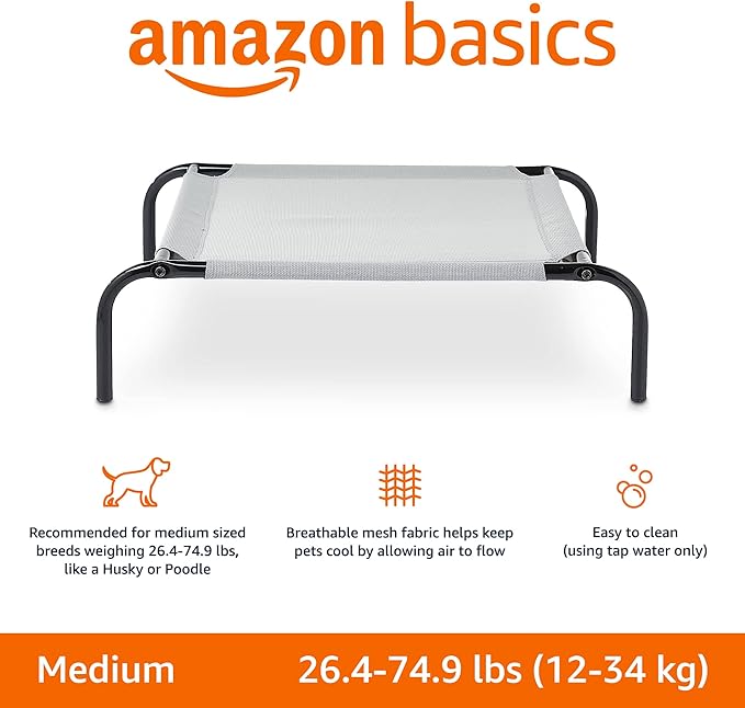 Amazon Basics Cooling Breathable Elevated Dog Bed with Durable Metal Frame, Medium, 43 x 26 x 7.5 Inch, Grey, Easy to Assemble