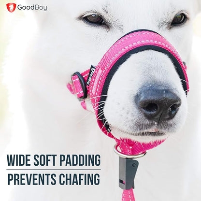 GoodBoy Dog Head Halter with Safety Strap - Stops Heavy Pulling On The Leash - Padded Headcollar for Small Medium and Large Dog Sizes - Head Collar Training Guide Included (Size 4, Pink Nylon)