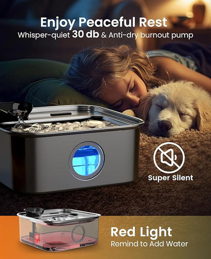 oneisall Dog Water Fountain for Large Dogs, 10L/2.6Gal Stainless Steel Automatic Dog Water Bowl Dispenser with Deeper, Wider Drinking Area, Water Window & Triple Filtration for Large Dogs & Multi-Pet