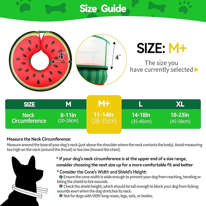 Upgraded Inflatable Dog Cone Collar with Transparent Anti-Licking Shield, Adjustable Elizabethan Collar for Medium Large Dogs, 2-in-1 Design with Detachable Shield and Soft Padding (M+, Watermelon)