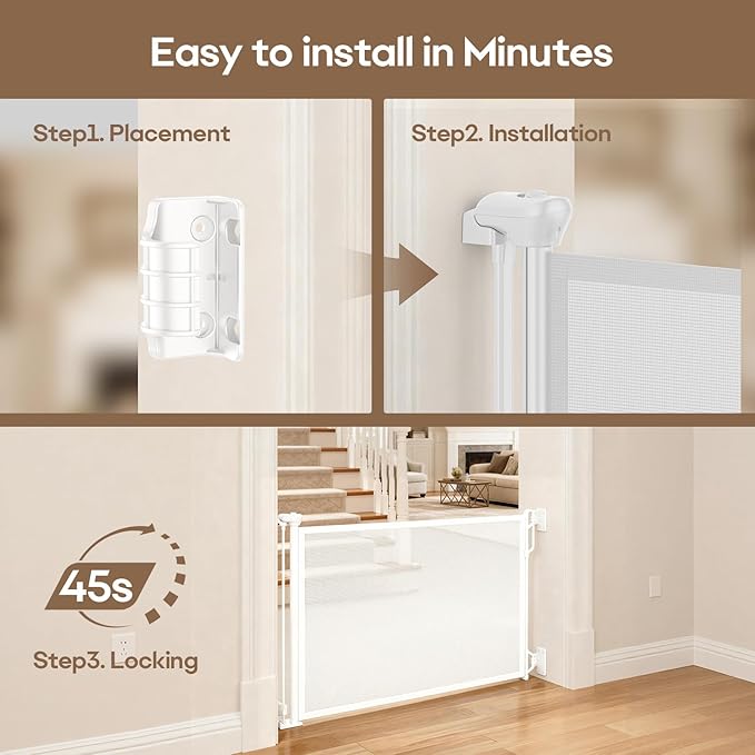 SPACEANY Retractable Safety Baby Gate or Mesh Dog Gate,Durable Portable Mesh Retractable Gate,Easy to Use for Stairs, Doorways, Hallways, Indoor, Outdoor, 33.5" Tall, Up to 45" Wide, White