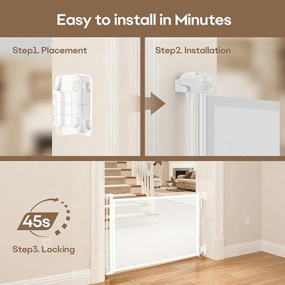 Spaceany Retractable Safety Baby Gate or Mesh Dog Gate,Durable Portable Mesh Retractable Gate,Easy to Use for Stairs, Doorways, Hallways, Indoor, Outdoor, 33.5" Tall, Extends to 55" Wide,White