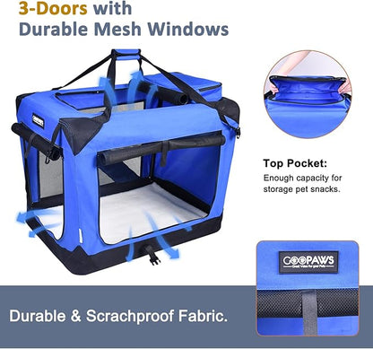 JESPET 36'' Soft Dog Crates Kennel for Pets, 3 Door Soft Sided Folding Travel Pet Carrier with Straps and Fleece Mat for Dogs, Cats, Rabbits, Grey Blue & Beige (36" L x 24" W x 27" H, Blue)