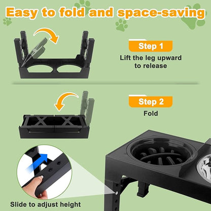 MECHEER 4-in-1 Dog Bowl Elevated Stand with Slow Feeder & Spill-Proof Water Bowl, 5-Height Adjustable Raised Dog Bowl for Large, Medium, and Small Dogs, Non-Slip Base Dog Feeding Station