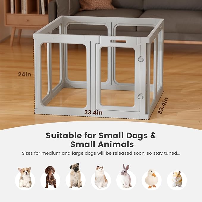 Clear Acrylic Dog Playpen - 30.4 x 30.4 Inch, 24" H 8 Planes Transparent Dog Fence Indoor, Sturdy Pet Pen for Puppy/Small Dog/Rabbit/Pig, Easy Assemble & Cleaning Plastic Whelping Box Enclosure, Grey