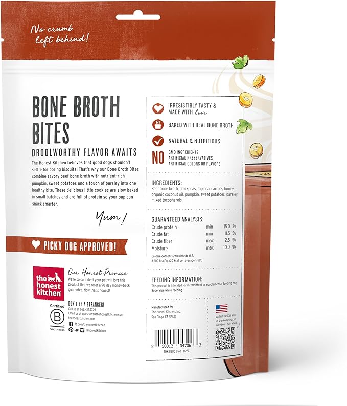 The Honest Kitchen Human Grade Dog Treats Bone Broth Bites: Roasted with Beef Bone Broth & Sweet Potatoes, 8 oz Bag