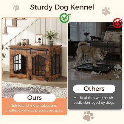 MAHANCRIS Dog Crate Furniture, 31.5" Farmhouse Dog Kennel with Sliding Barn Door, Wooden Dog Cage for Small Medium Dogs, Decorative Pet House Side End Table, Chew-Resistant, Rustic Brown DCHR9601