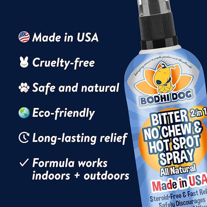Bodhi Dog Bitter 2-in-1 No Chew & Hot Spot Spray - Natural Anti-Chew Remedy Better Than Bitter Apple - Soothes Hot Spots, Deters Chewing - Safe for Skin, Wounds & Furniture- Made in USA (4 Fl Oz)