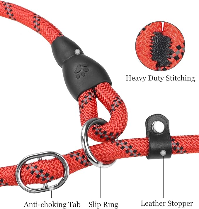 TagME 6ft Slip Dog Lead, No Pull Reflective Training Leash with Padded Handle, Professional Rope P-Leash for Small Medium Large Dogs, Heavy Duty Correction Lead for Walking & Training (Red)