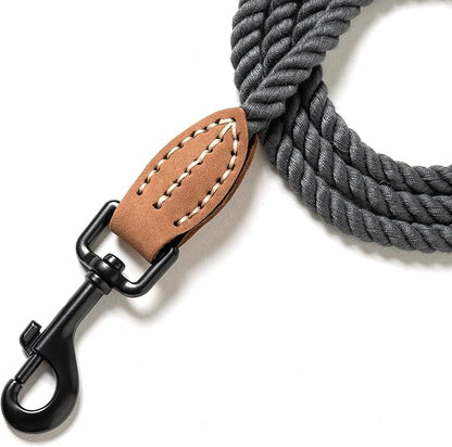 Mile High Life Dog Leash, Braided Cotton Rope Leashes with Leather Tip - Heavy Duty Metal Clasp, 6FT, 1/3" Thick - Wedding, Walking Leash for Small Medium Dogs(Dark Gray)