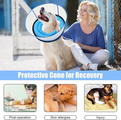 2-in-1 Soft Inflatable Dog Cone Collar Alternative with Enhanced Anti-Licking Guard Shield, Dog Collar After Surgery, Adjustable Recovery Cones for Large Medium Small Dogs and Cats(Blue, L)