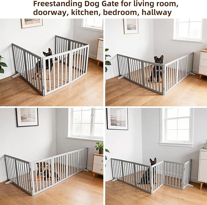 ZJSF Freestanding Indoor Dog Gate for House Foldable Wood Puppy Gate for Doorways Pet Gate for Stairs Extra Wide Pet Fence, Grey, 24" Height 6 Panels