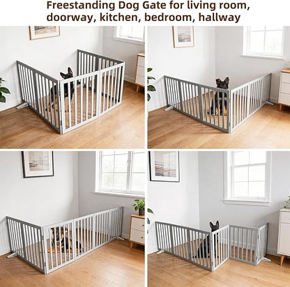 ZJSF Freestanding Indoor Dog Gate for House Foldable Wood Puppy Gate for Doorways Pet Gate for Stairs Extra Wide Pet Fence, Grey, 32" Height 6 Panels