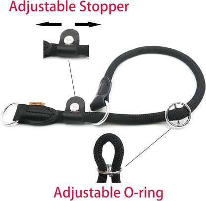 Braided Round Martingale Dog Collar, Training Collar with Slidable Stop Ring and Adjustable Stopper - Ideal for Large Dogs (L(1/2") - 20" Long, Black)