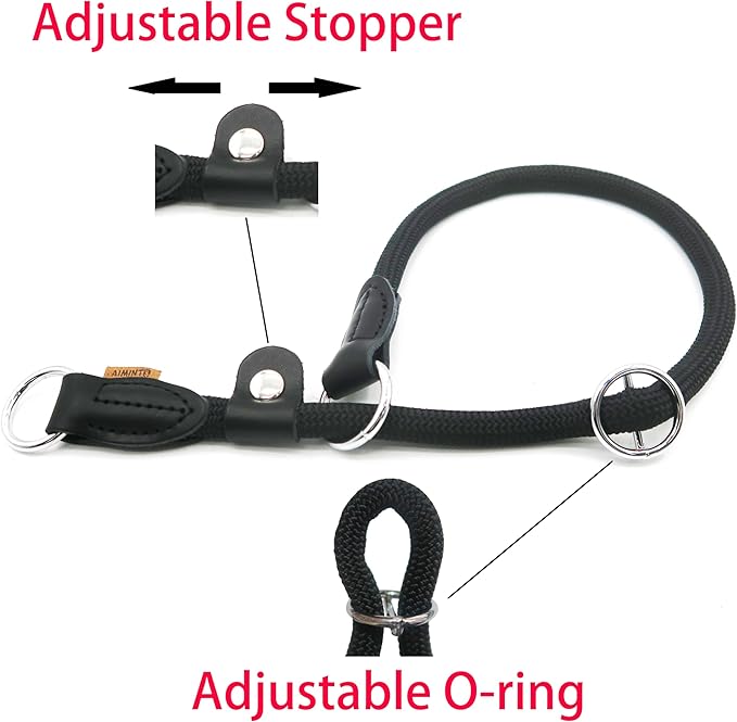 Braided Round Martingale Dog Collar, Training Collar with Slidable Stop Ring and Adjustable Stopper - Ideal for Medium Dogs (M(1/3") - 18" Long, Black)