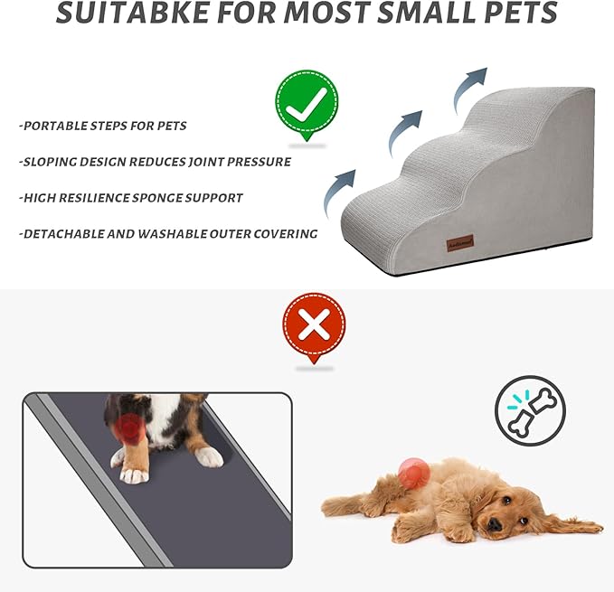 Aodisman 3-Step Dog Ramp and Stairs for Sofa and Chair - Non-Slip Sturdy Pet Steps for Small Dogs and Cats,15.7" H,Light Grey