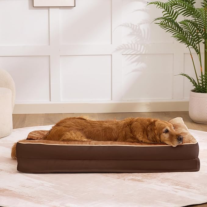 Dog Bed Large Sized Dogs, XXL Orthopedic Dog Bed for Large Dogs, Waterproof Pet Bed with Washable Removable Cover, L-Shaped Pet Couch with Portable Handle 48"x35"x7.5", Brown