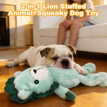 Green Lion Plush Squeaky Dog Toy with Bungee Leg Puppy Teething Chew Toy Cute Soft Funny Indoor Outdoor Interactive Stuffed Animal Dog Toy for Small Medium Large Dogs Toy Gift 36.5cm/14.37in