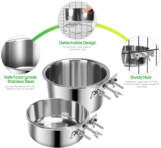 2 Pcs Large Dog Food Water Bowl for Cage with Upgraded Clamp Holder, Pet Kennel Hanging Bowls Stainless Steel Non-Spill Detectable Bowls Crate Feeder Dish for Large Dogs (7x3.7''& 6.3x2.5'')