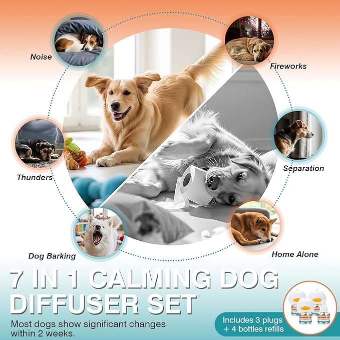 Pheromones Diffuser to Calm Dog Calming 7 in 1 Advanced Kit Appeasing Pheromone Diffuser for Anxiety Relief (3 Plug in+4 Pack 48ml Refill) Reduce Aggression Fighting Barking Stress
