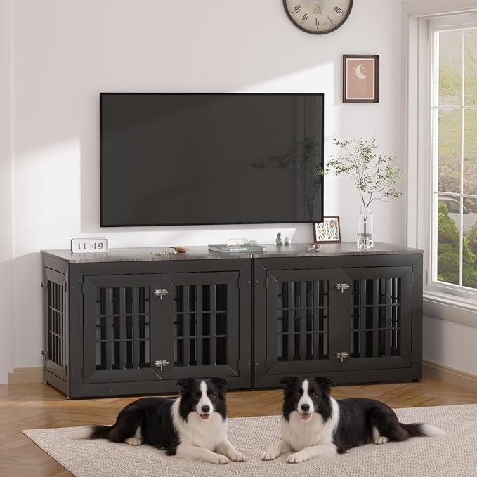 Snuowu 38" Heavy Duty Dog Crate Furniture for Small,Medium and Large Dogs,Rustic Wooden Dog Cage Kennel Indoor Furniture with Waterproof Top,Decorative Pet House Side End Table (Black & Grey)