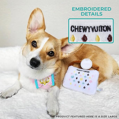 Haute Diggity Dog Chewy Vuiton Handbag Plush Squeaky Dog Toy, Soft Durable Designer-Inspired Stuffed Puppy Chew Toys for Small & Medium Dogs, Machine-Washable (White) Small