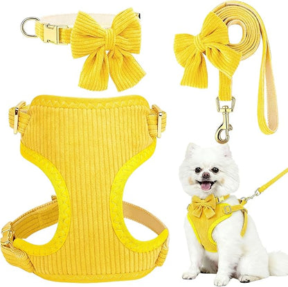 Small Dog Collar Harness and Leash Set, Dog Harness no Pull with Bowtie, Breathable Cotton Adjustable Pet Puppy Harness, Easy Walk Dog Harness, S(14–18.9")