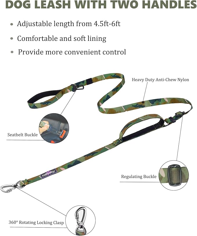 Hotsky Double Handle Dog Leash for Large Medium and Small Breed Dogs that Pull,Adjustable Nylon Heavy Duty Dog Leash with Car Seat Belt for Walking and Training,Camo,4.5-6 FT