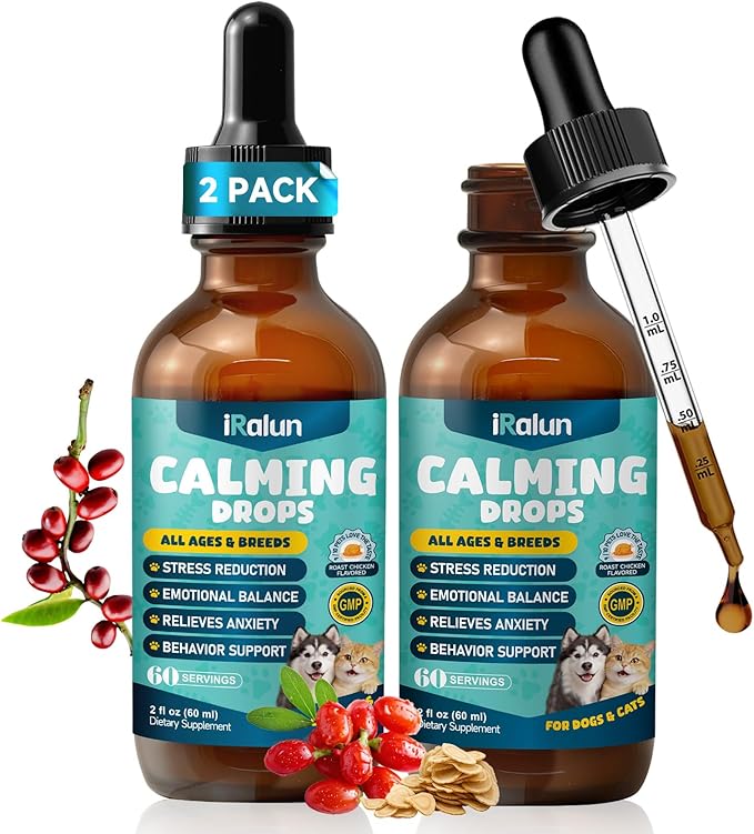 2Pack Calming Drops for Dogs & Cats - Cat Calming Treats for Anxiety Relief , Relaxation, Sleep Aid with Schisandra Taurine , Separation, Soothing Calming Care for Indoor Pet -Roast Chicken Flavor