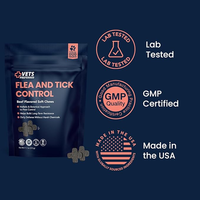 Vets Preferred Flea and Tick Prevention for Dogs Chewable - Daily Defense Without Harsh Chemicals - Immune Support & Antioxidant Protection - Beef Flavored - 90 Soft Chews