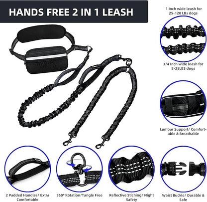 Uppetly Hands Free Double Dog Leash with Pouch, Dual Leash for 2 Dogs with Reflective Padded Handles, Durable Bungee and Lumbar Waist Belt for Walking, Jogging and Running (Small, 8-25 lbs)