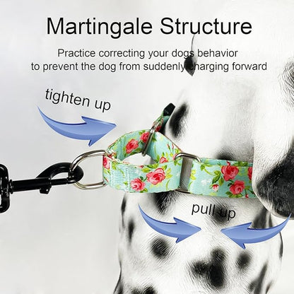 No Pull Martingale Dog Collar with Buckle Floral Slip Collar for Female Dogs (Green Rose,Large)