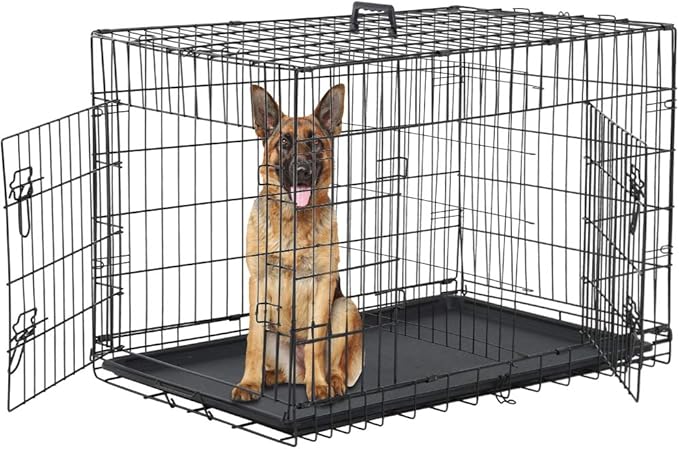Dog Crate for Large Medium Dogs Folding Dog Kennel Cage with Plastic Tray & Divider 48" Indoor Outdoor Metal Double Door Pet Playpen Heavy Duty Dog Pen Enclosure Black