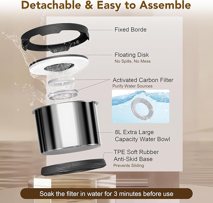UPSKY Dog Water Bowl No Spill 8L Stainless Steel, 2.1 Gallon Large Capacity Spill-Proof Dog Bowls, Non-Slip Slow Drinking Anti-Splash Bowl for Large Messy Drinkers, No Mess Indoor/Outdoor Use, Black