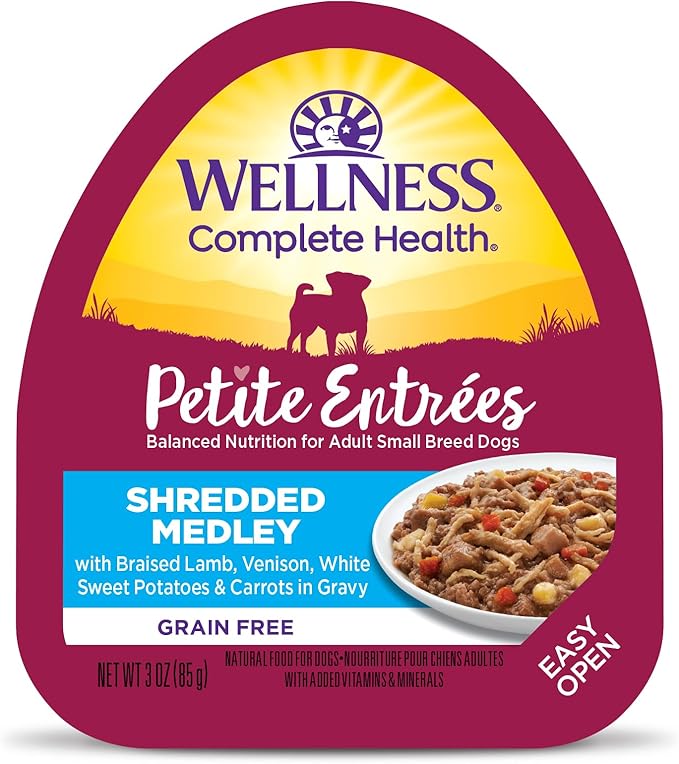 Wellness Petite Entrees Shredded Medley Small Breed Adult Wet Dog Food, Grain Free, Natural, Braised Lamb, Venison, White Sweet Potato, and Carrots, 3 oz, Pack of 12 Cups