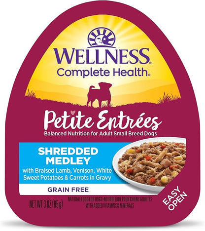 Wellness Petite Entrees Shredded Medley Small Breed Adult Wet Dog Food, Grain Free, Natural, Braised Lamb, Venison, White Sweet Potato, and Carrots, 3 oz, Pack of 12 Cups