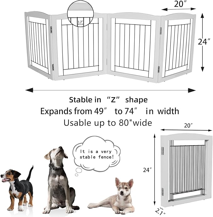 ZJSF Freestanding Foldable Dog Gate for House Extra Wide Wooden White Indoor Puppy Gate Stairs Dog Gates Doorways Tall Pet Gate 4 Panels Fence