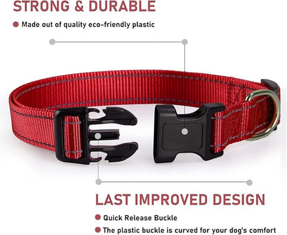 Reflective Dog Collar with Buckle Adjustable Safety Nylon Collars for Small Medium Large Dogs, Red M