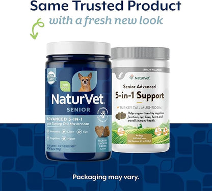 NaturVet Senior Advanced 5-in-1 Support Dog Supplement – Helps Support Immune System, Heart, Liver, Cognitive Function, Eye Health – Includes Ginkgo Biloba, Lutein – 60 Ct.