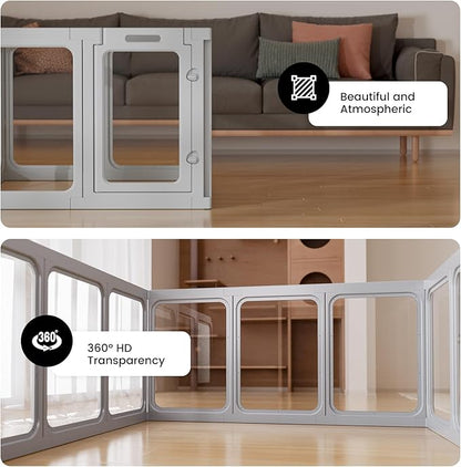 Clear Acrylic Dog Playpen - 50 x 50 Inch, 24" H 12 Planes Transparent Dog Fence Indoor, Sturdy Pet Pen for Puppy/Small Dog/Rabbit/Pig, Easy Assemble & Cleaning Plastic Whelping Box Enclosure, Grey