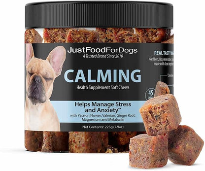 JustFoodForDogs Calming Supplement for Dogs, Human Grade Magnesium and Melatonin Dog Supplements, Promotes Relaxation, Soft Chews, Superfood Blend, Plant Based Dog Vitamins - 45 Count