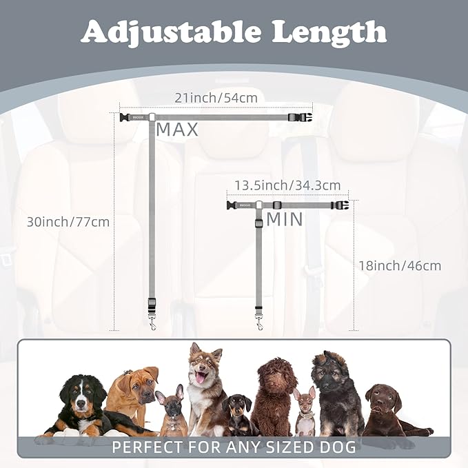 BWOGUE 2 Packs Dog Cat Safety Seat Belt Strap Car Headrest Restraint Adjustable Nylon Fabric Dog Restraints Vehicle Seatbelts Harness Grey
