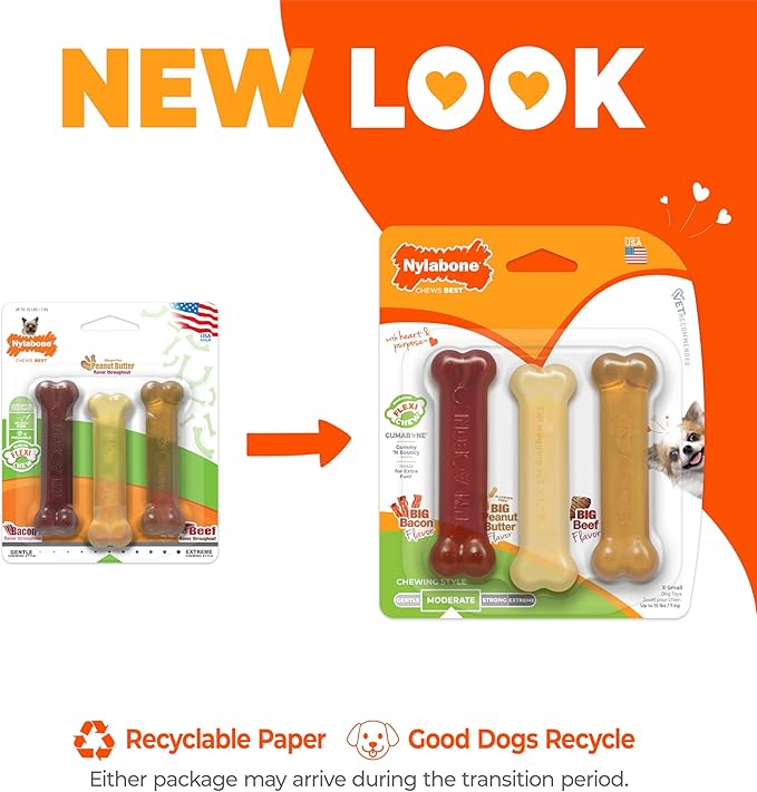Nylabone Original Bone Flexi Chew Toy for Dogs, Dog Toys for Moderate Chewers, Value Pack, Long Lasting Bacon, Peanut Butter, & Beef Flavor, X-Small Dogs - Up to 15 lbs, 3 Pack