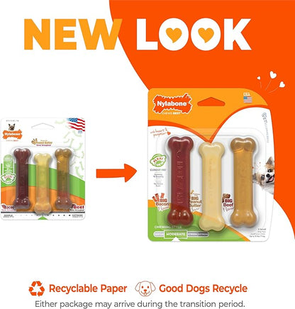 Nylabone Original Bone Flexi Chew Toy for Dogs, Dog Toys for Moderate Chewers, Value Pack, Long Lasting Bacon, Peanut Butter, & Beef Flavor, X-Small Dogs - Up to 15 lbs, 3 Pack