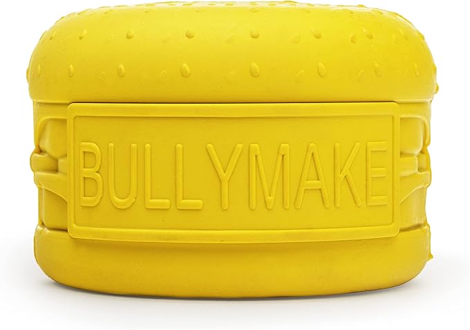 BULLYMAKE Yellow Toss N' Treat Cheeseburger Toy for Dogs, Durable Rubber Dog Toys for Aggressive Chewers, Dental Stimulating, Treat Dispensing, Boredom Busting, Pet Supplies, Made in USA