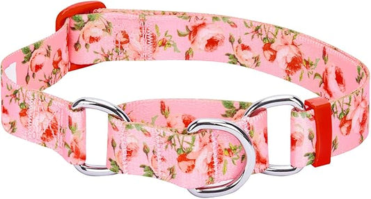 Blueberry Pet Spring Scent Inspired Rose Print Martingale Safety Training Dog Collar, Baby Pink, Large, Heavy Duty Adjustable Collars for Dogs