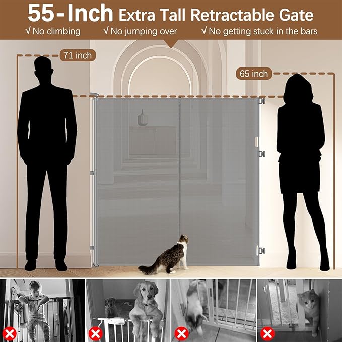 Reinforced 55" Extra Tall Dog Gates Indoor Cat Gate for Hallway - Prevents Jumping & Crawling Through, 55" Wide Retractable Gate, Mesh Pet Gates for Doorways Extra Tall Baby Gate for Cats, Gray