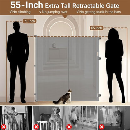 Reinforced 55" Extra Tall Dog Gates Indoor Cat Gate for Hallway - Prevents Jumping & Crawling Through, 55" Wide Retractable Gate, Mesh Pet Gates for Doorways Extra Tall Baby Gate for Cats, Gray